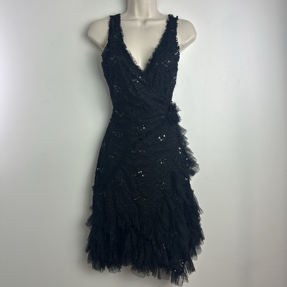 Bebe Wrap Dress Women XS Black Lace Grunge Vamp Gothic V-Neck Y2K Dark Fairy